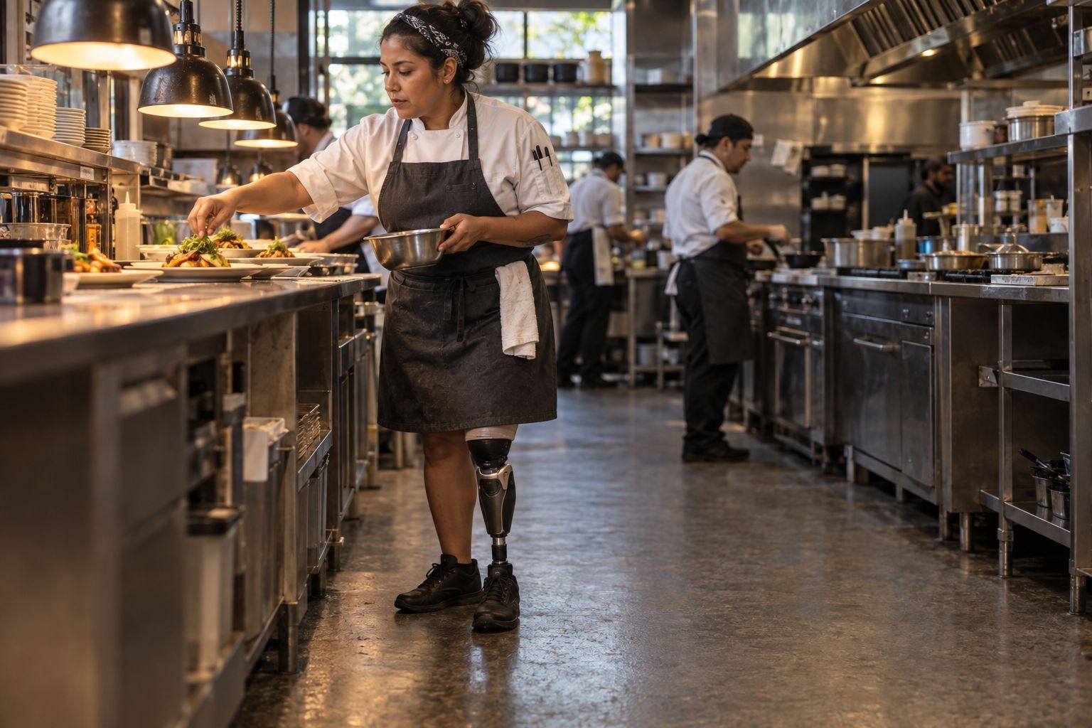A chef with an above-knee prosthesis plating food in a restaurant kitchen (concept image)