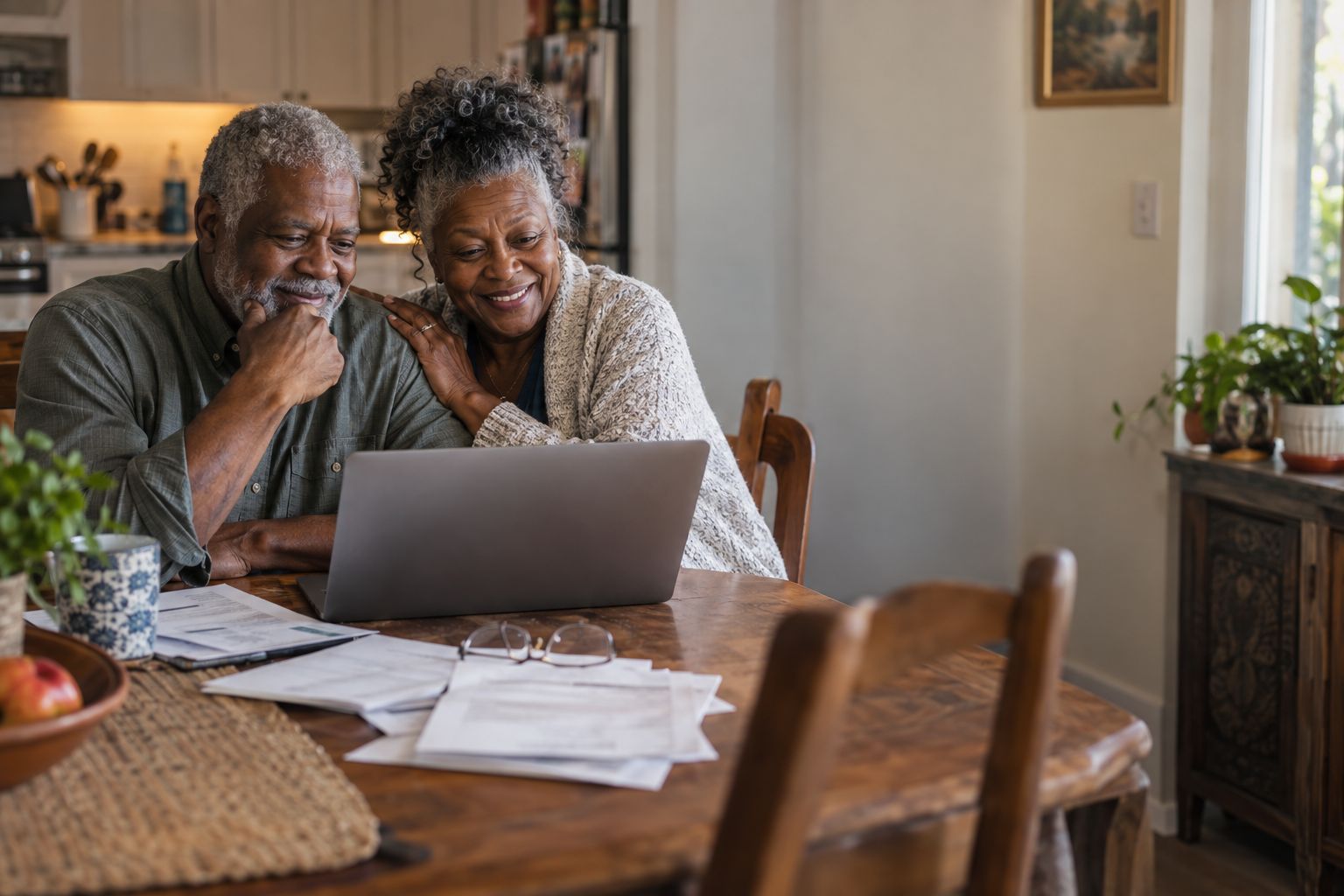 An older couple at their kitchen table looking at a laptop together (concept image)