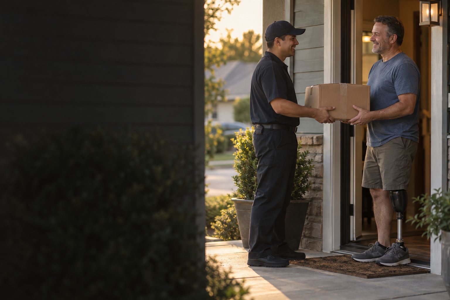 A delivery driver handing a box to a man with a below-knee prosthesis at his front door (concept image)