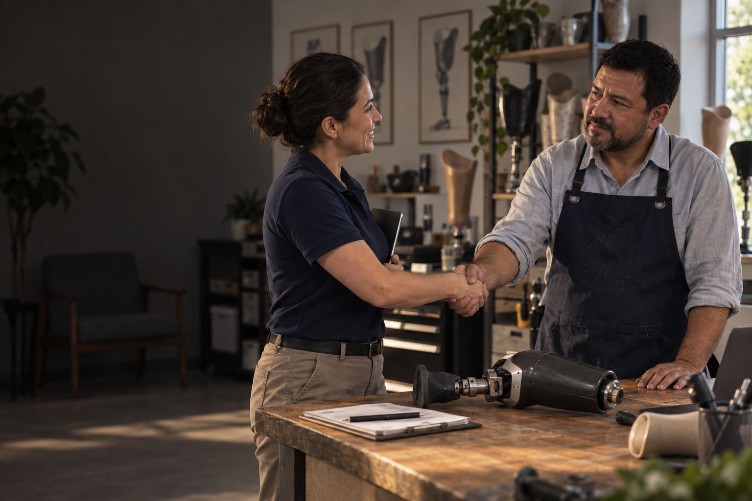 A prosthetist shaking hands with a clinical specialist in a small clinic, a prosthetic knee on the table between them (concept image)