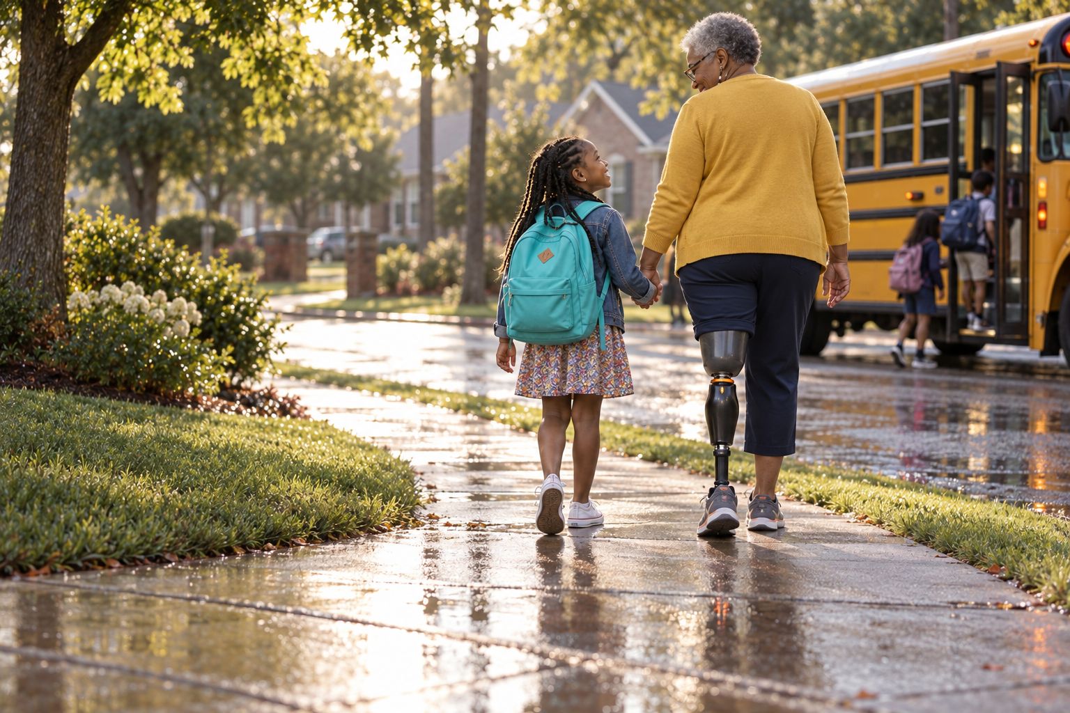 A woman with an above-knee prosthesis walking hand in hand with her granddaughter toward a school bus (concept image)