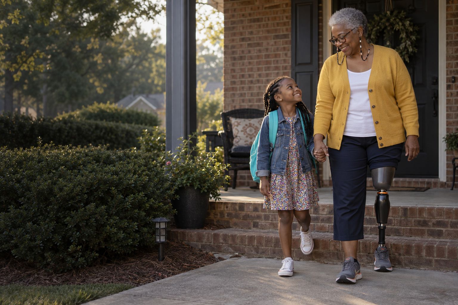 An older woman with an above-knee prosthesis walking hand in hand with her granddaughter down her front porch steps in morning light (concept image)