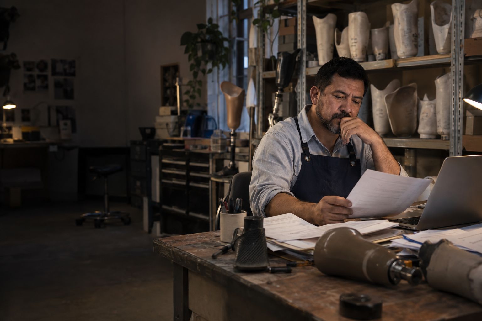 A prosthetist at a workbench with paperwork and a laptop in a small clinic (concept image)