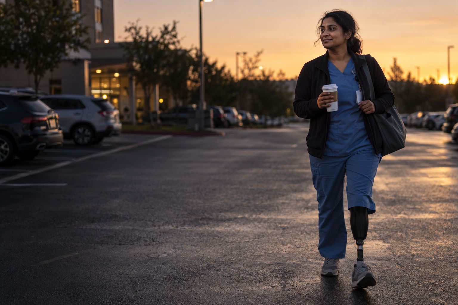 A nurse in scrubs with a below-knee prosthesis walking across a hospital parking lot at dawn (concept image)