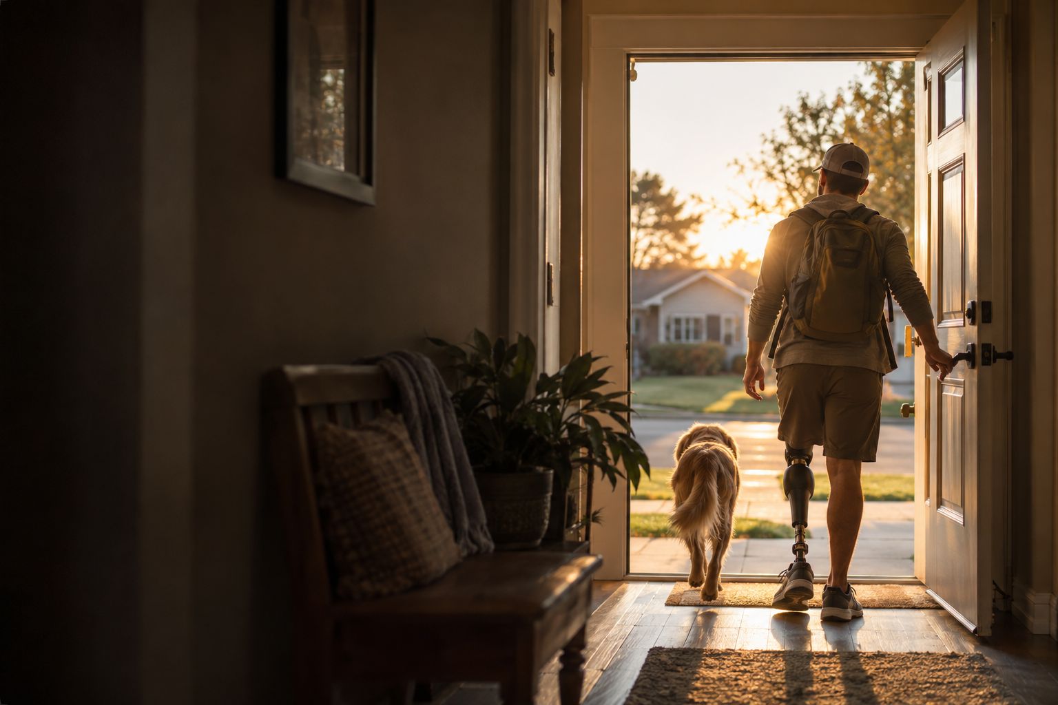 A front door open onto a sunlit street at sunrise
