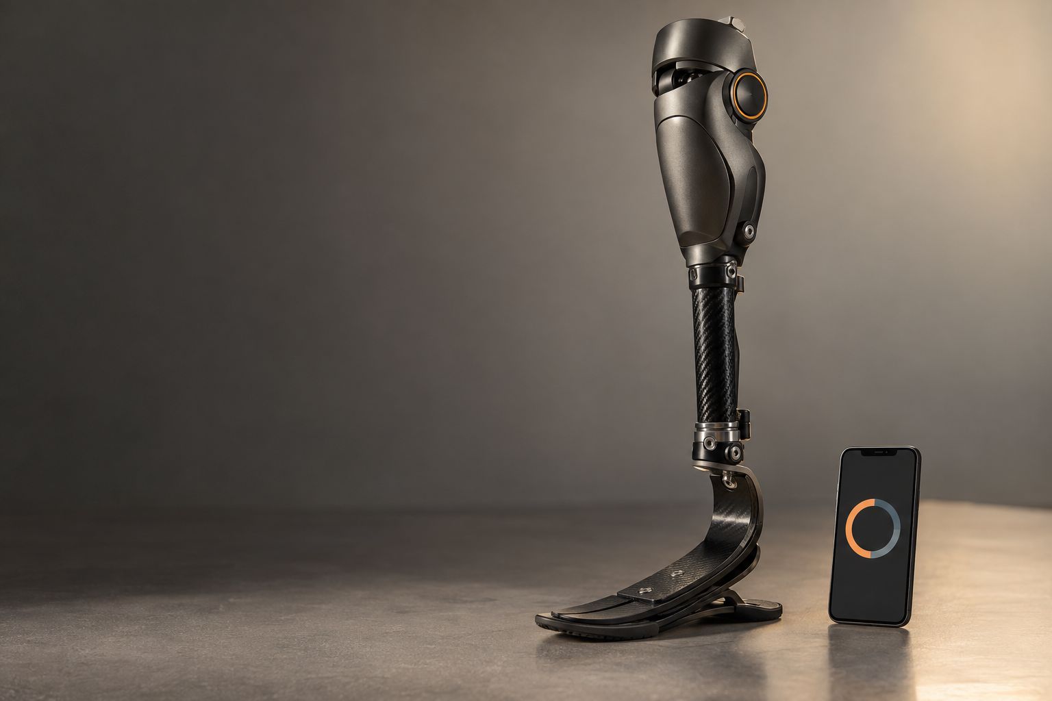A graphite-gray microprocessor prosthetic knee with an orange accent ring on a carbon pylon and dynamic foot, beside a smartphone (concept image)