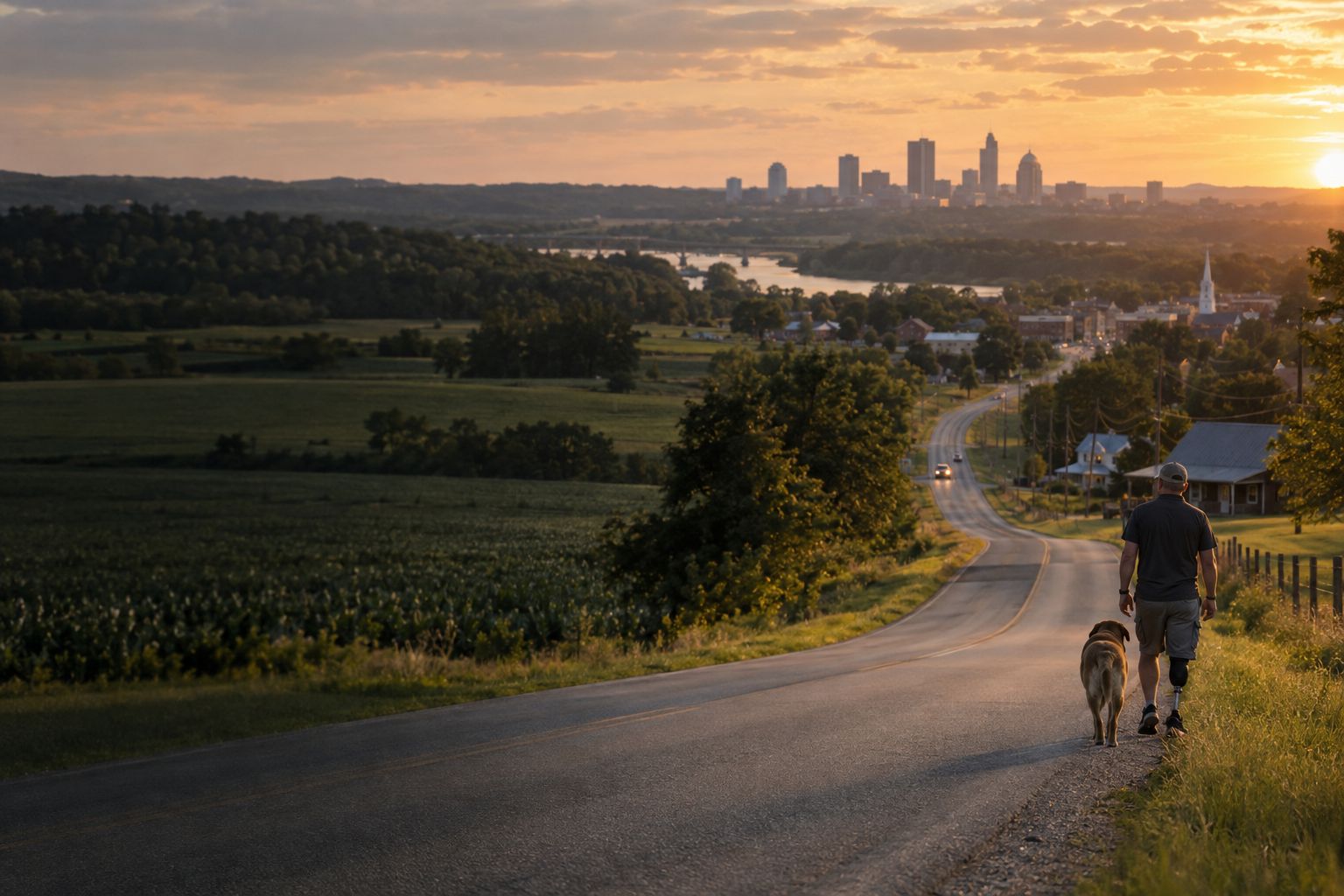 Aerial view of a two-lane road running from a small town through farmland toward a distant city