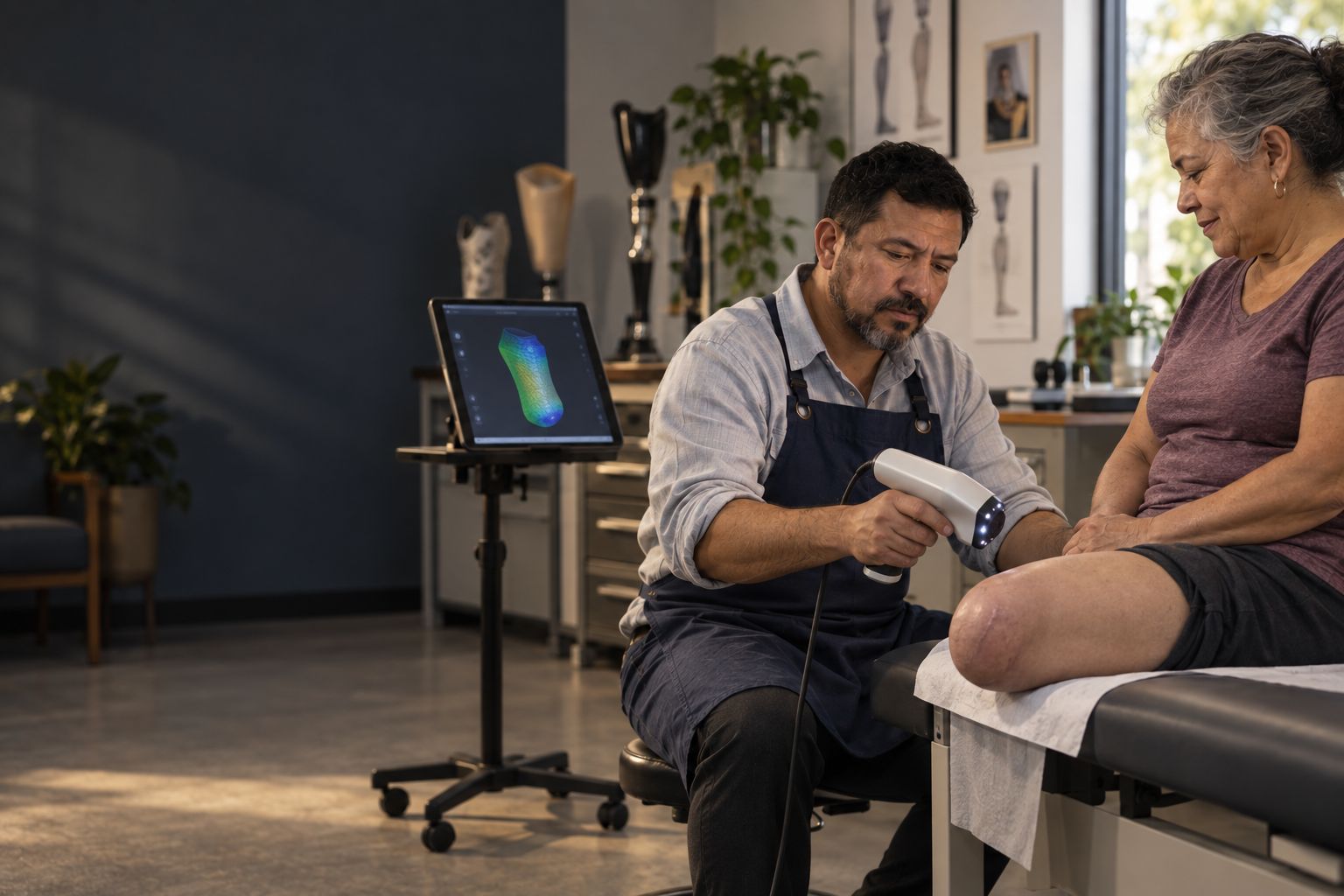 A prosthetist using a handheld 3D scanner on a seated woman's residual limb, with a 3D model shown on a tablet (concept image)