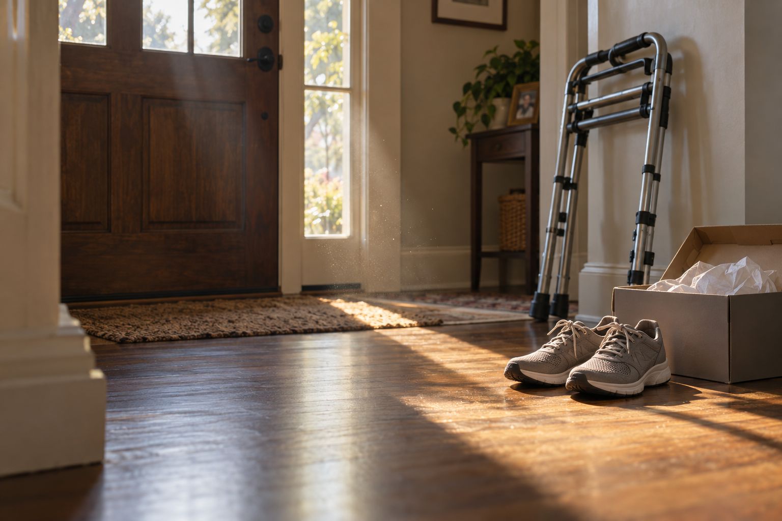 A pair of new walking sneakers, one still in its open shoebox, beside a front door and a folded walker