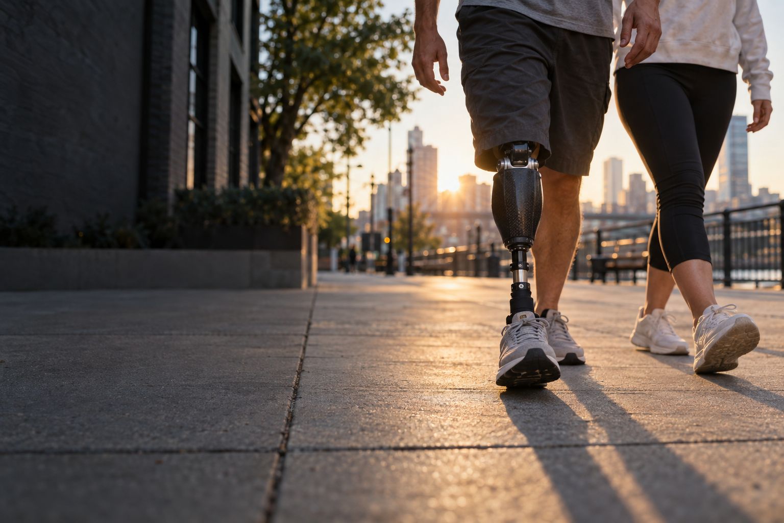 Two people walking side by side on a city sidewalk, one with a carbon prosthetic foot (concept image)