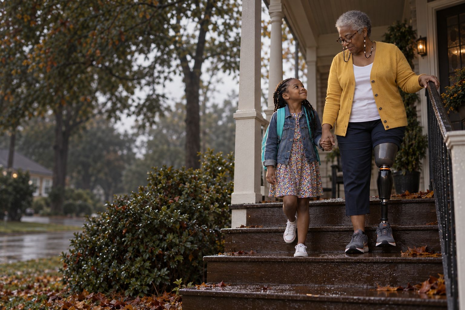 An older woman with an above-knee prosthesis at the top of wet wooden porch steps, one hand on the railing (concept image)