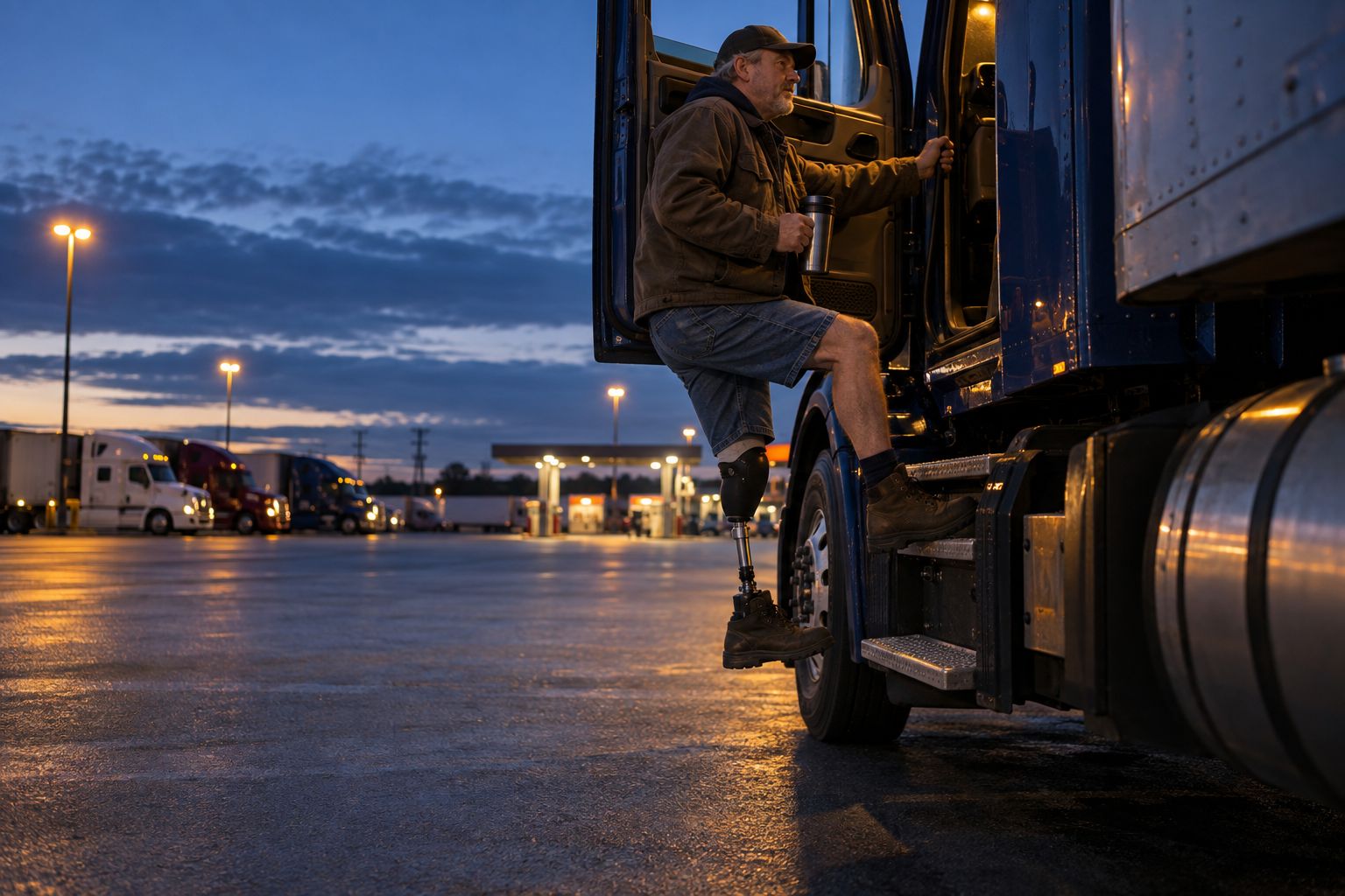 A man with an above-knee prosthesis climbing into a semi truck cab before dawn (concept image)