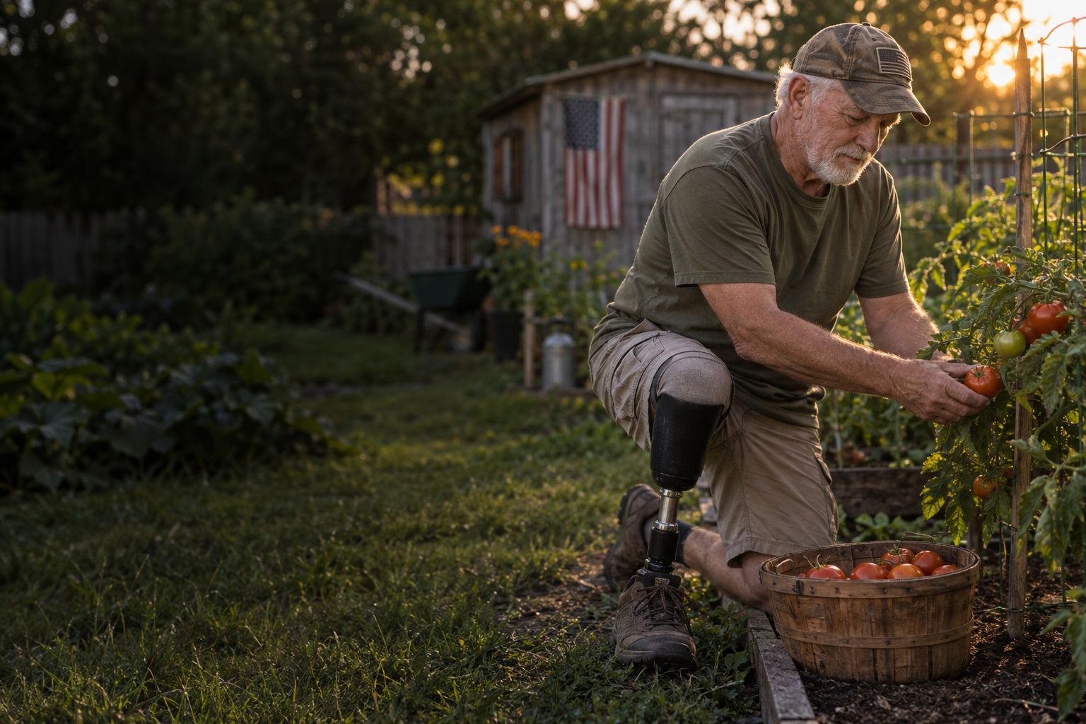 An older man with an above-knee prosthesis kneeling in a backyard vegetable garden (concept image)