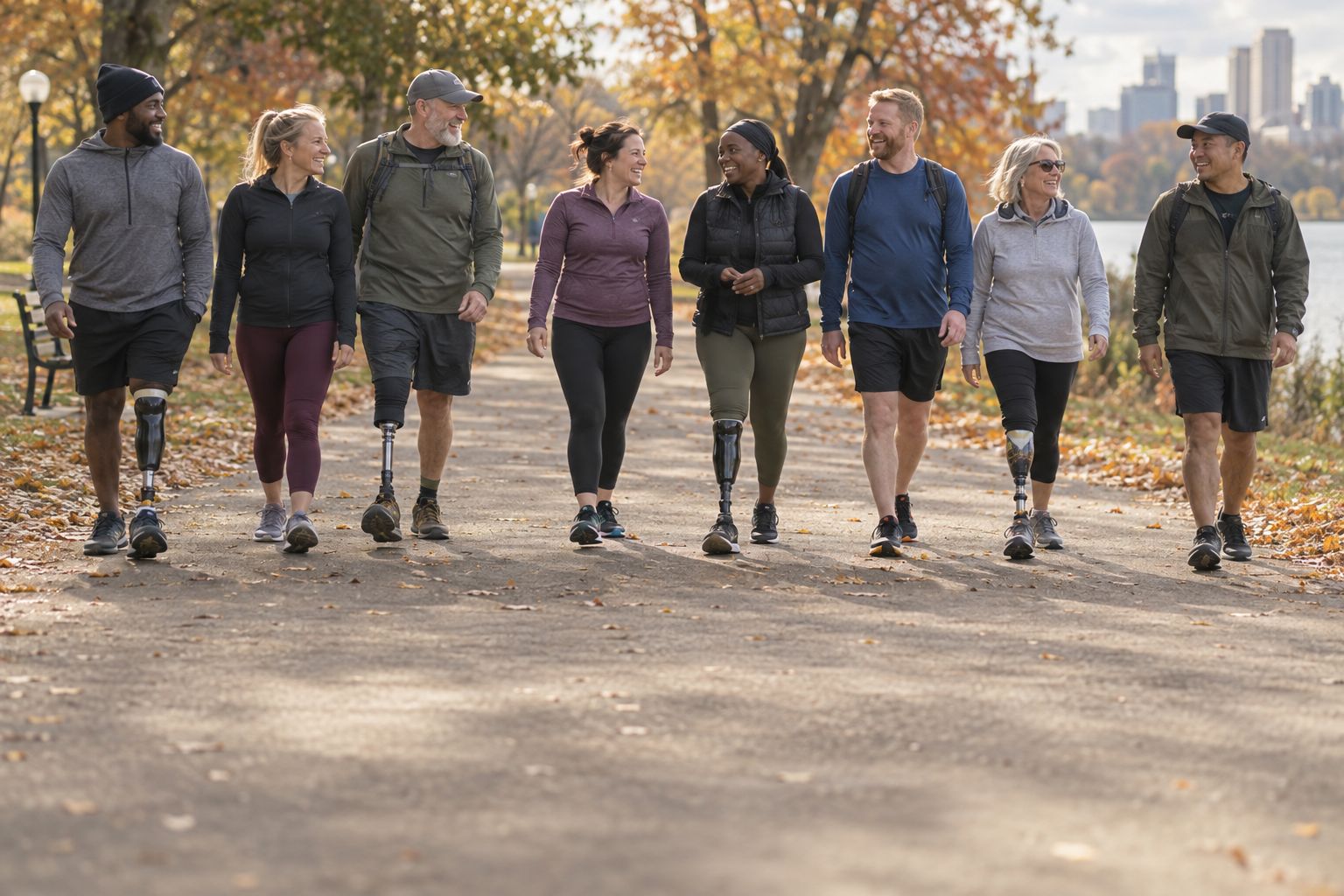 A group of adults, several with lower-limb prostheses, walking together on a park path (concept image)